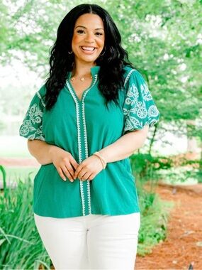 Umgee jade embroidered puff sleeve ruffle neck blouse